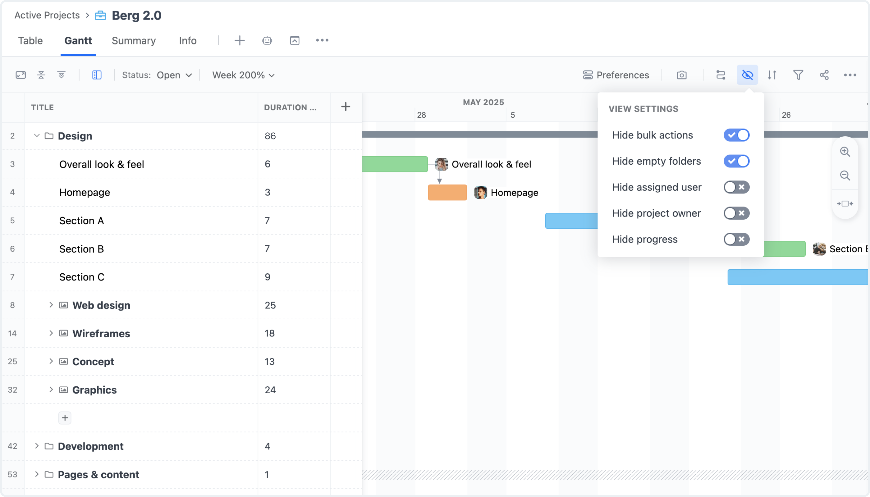 View Settings in Gantt